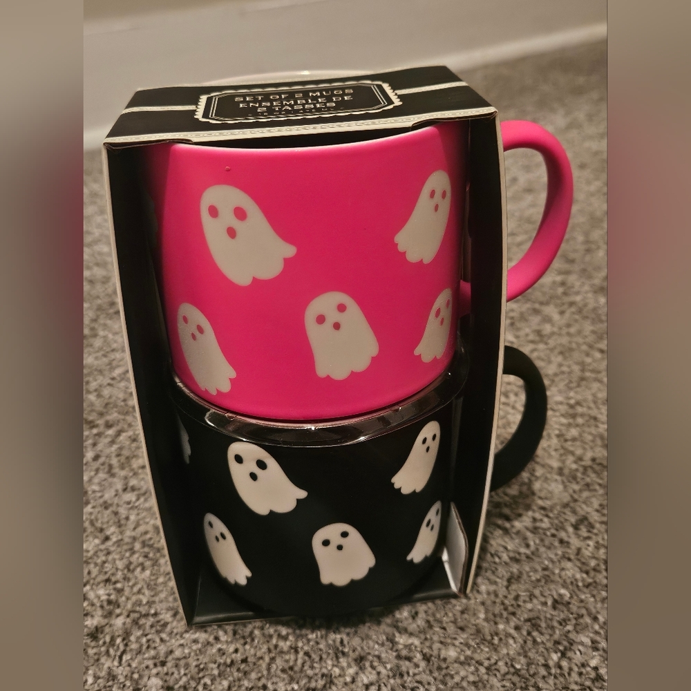 New! Hot Neon PINK & Black White GHOST Stackable Mugs Set Of 2 HALLOWEEN